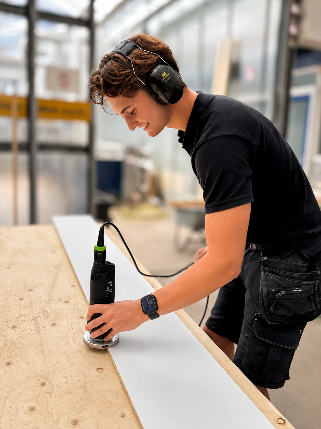 Medewerker van Voortbouw aan het werk in de werkplaats